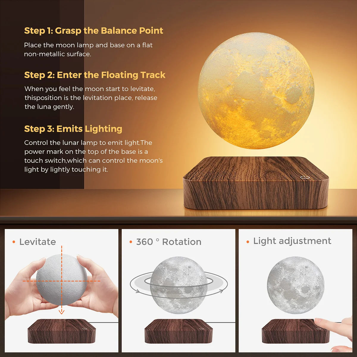 Levitating Moon Magnetic Floating Night Light 3D LED Lamp Wooden Base