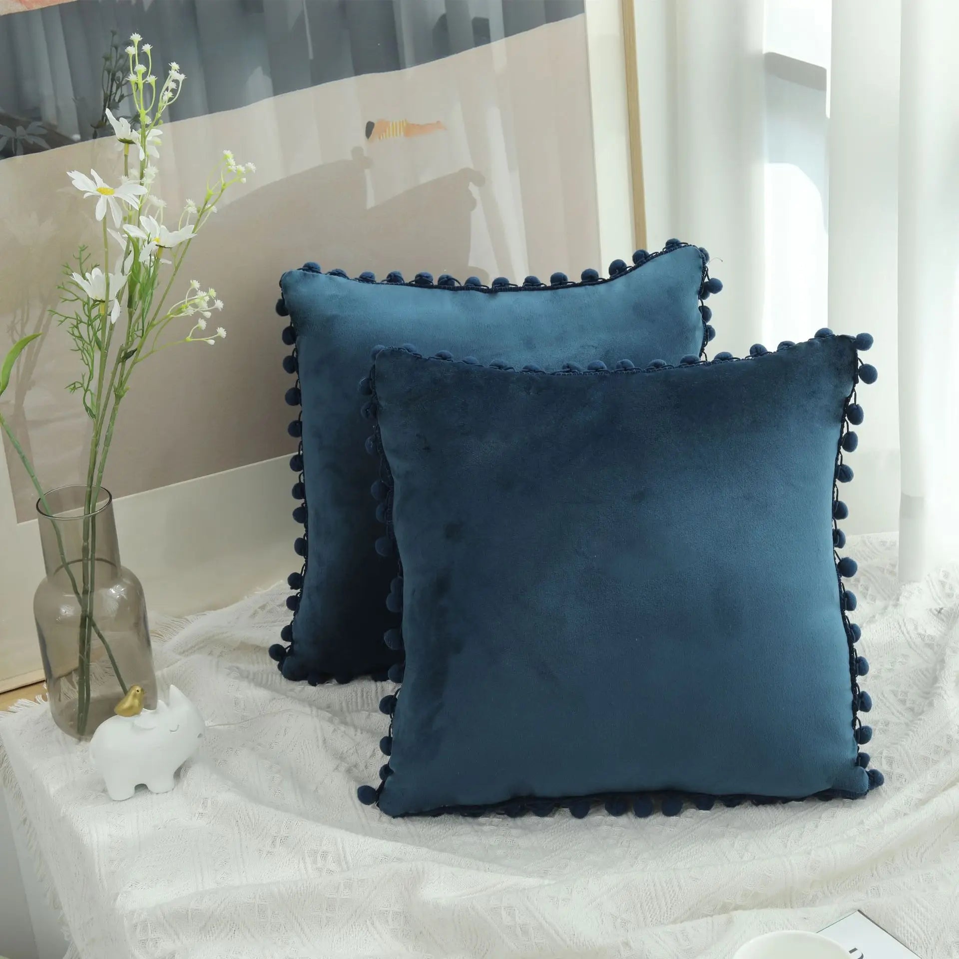 Burgundy Velvet Throw Pillow Cover with Pom Pom Trim