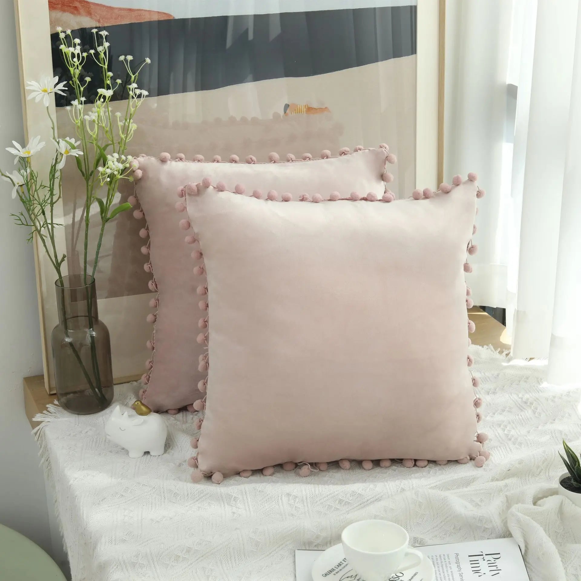Burgundy Velvet Throw Pillow Cover with Pom Pom Trim