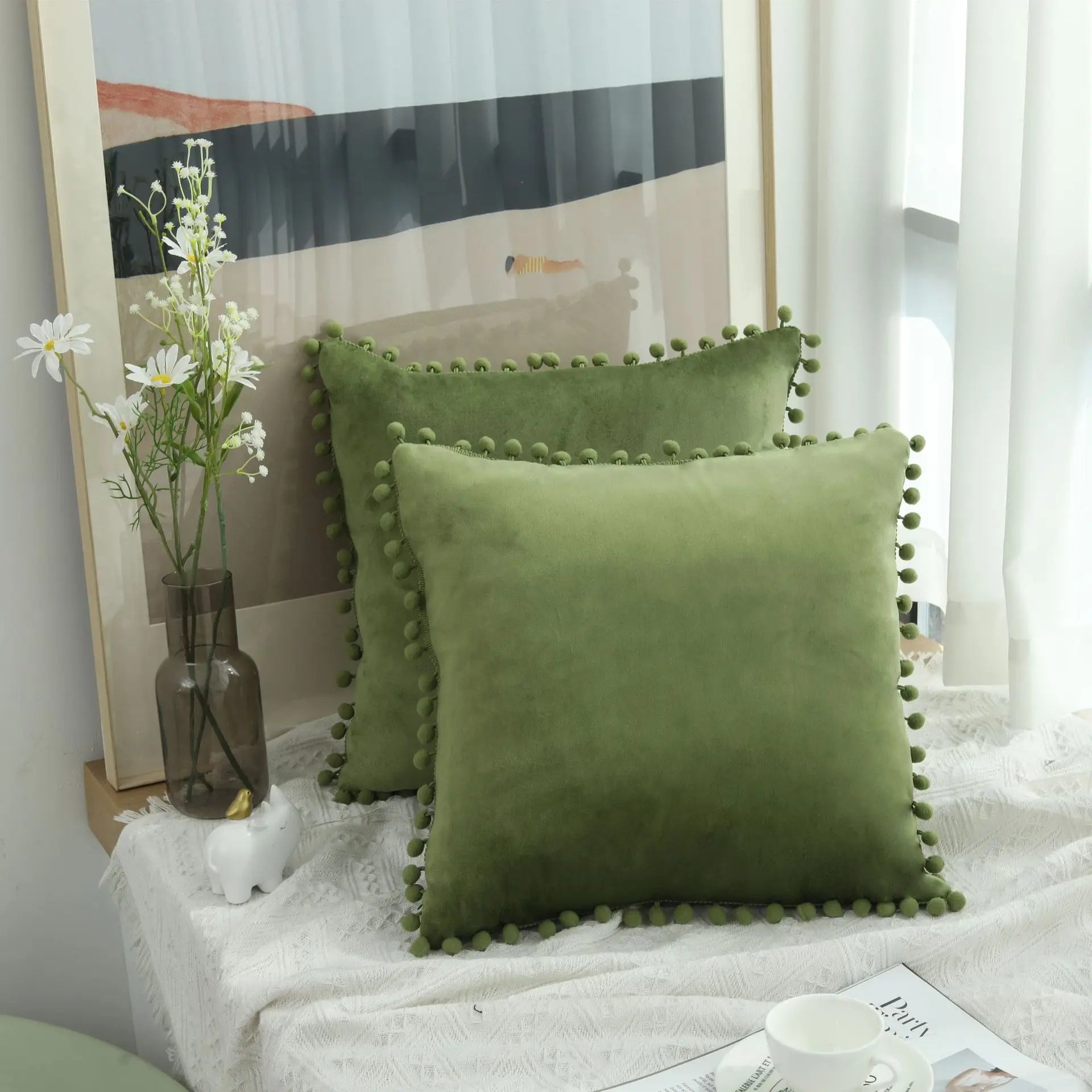 Burgundy Velvet Throw Pillow Cover with Pom Pom Trim
