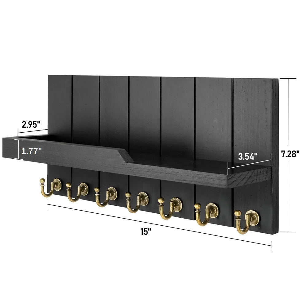 Wooden Key Holder Wall Mounted with Shelf and 7 Hooks for Entryway