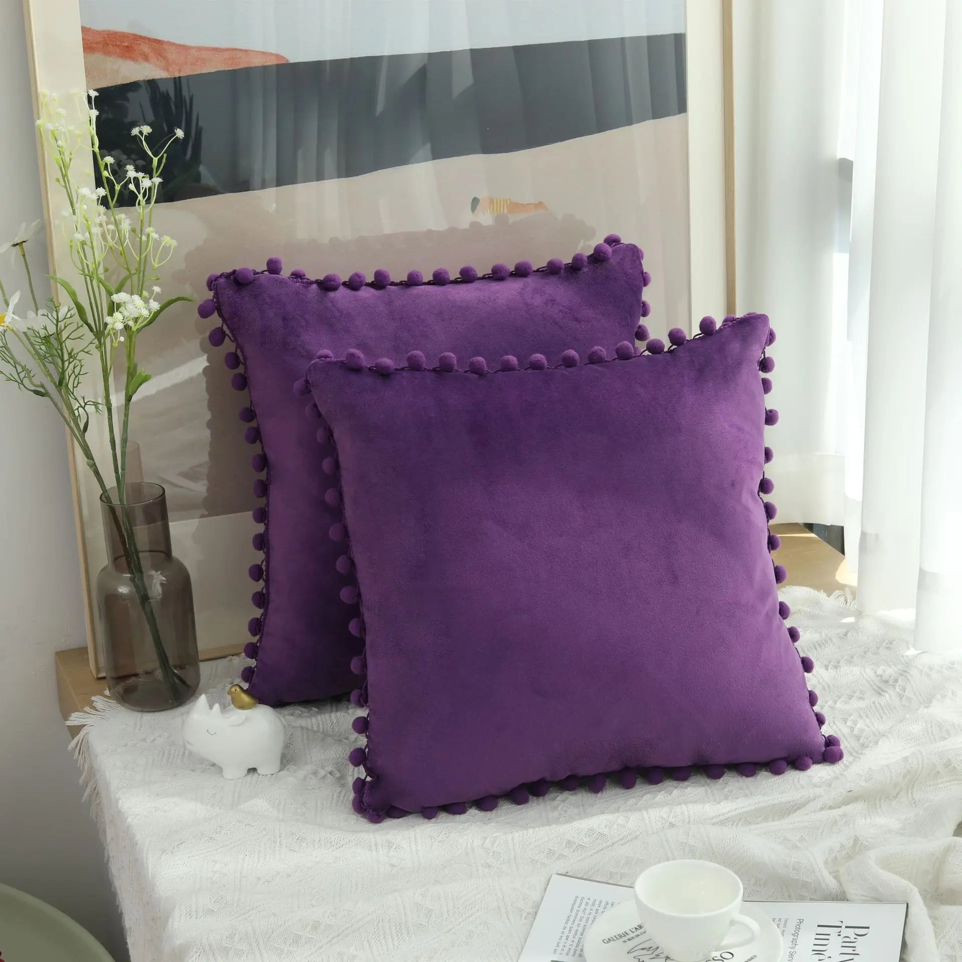 Burgundy Velvet Throw Pillow Cover with Pom Pom Trim