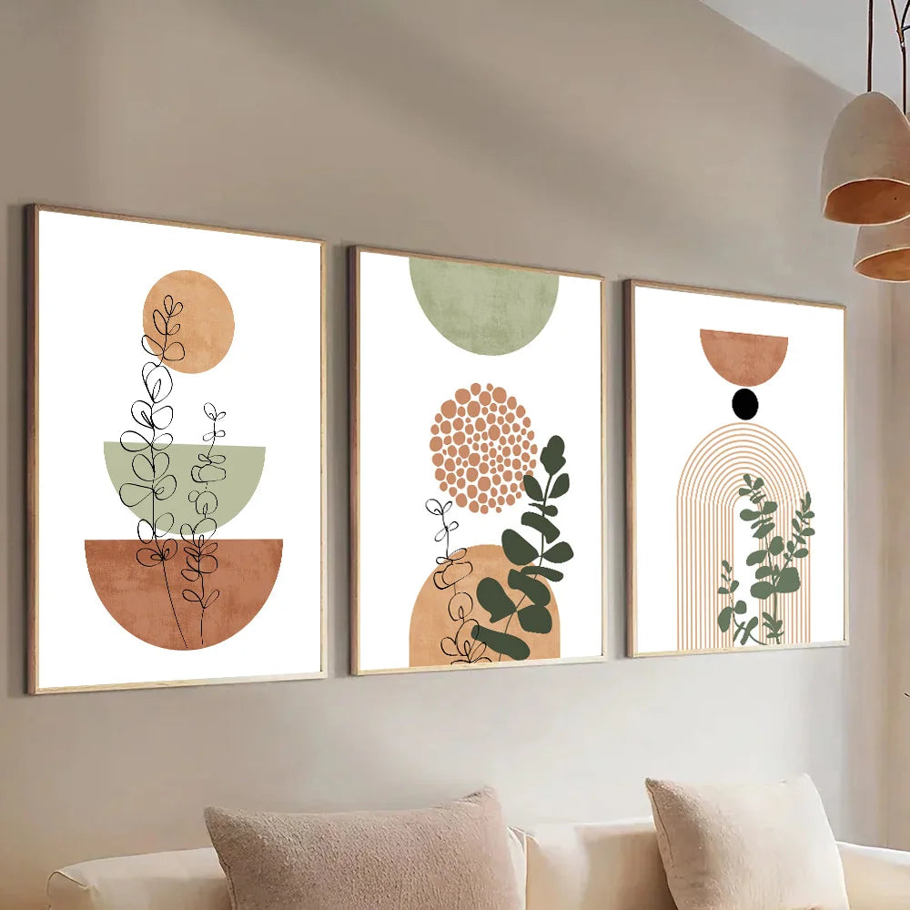 Abstract Botanical Wall Art Set of 3 | Boho Mid-Century Canvas Prints