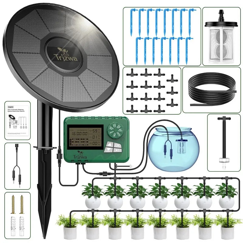 Solar Drip Irrigation Kit with Auto Timer and 15M Hose for Greenhouse and Potted Plants