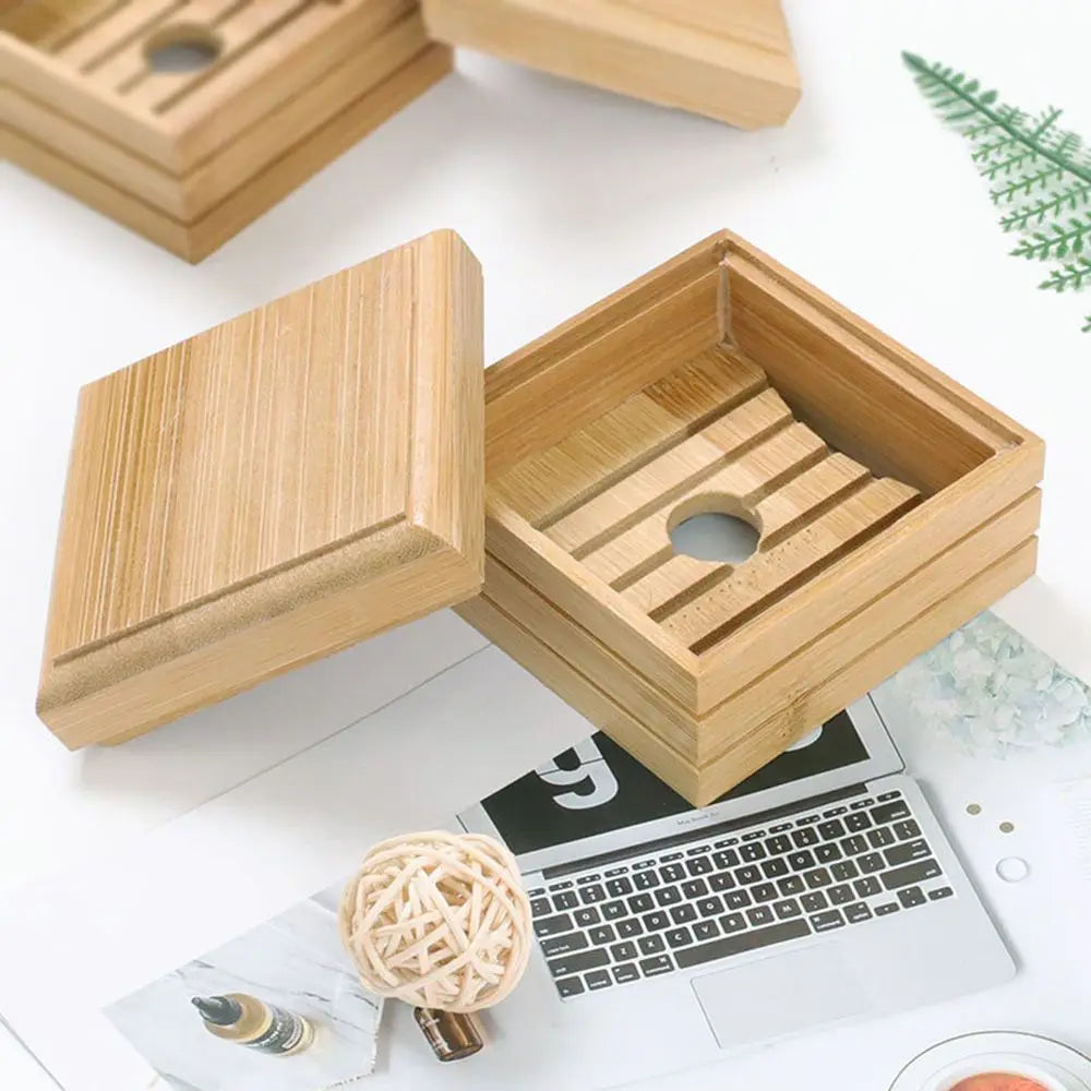 Bamboo Self-Draining Soap Dish with Hanging Box for Shower & Kitchen