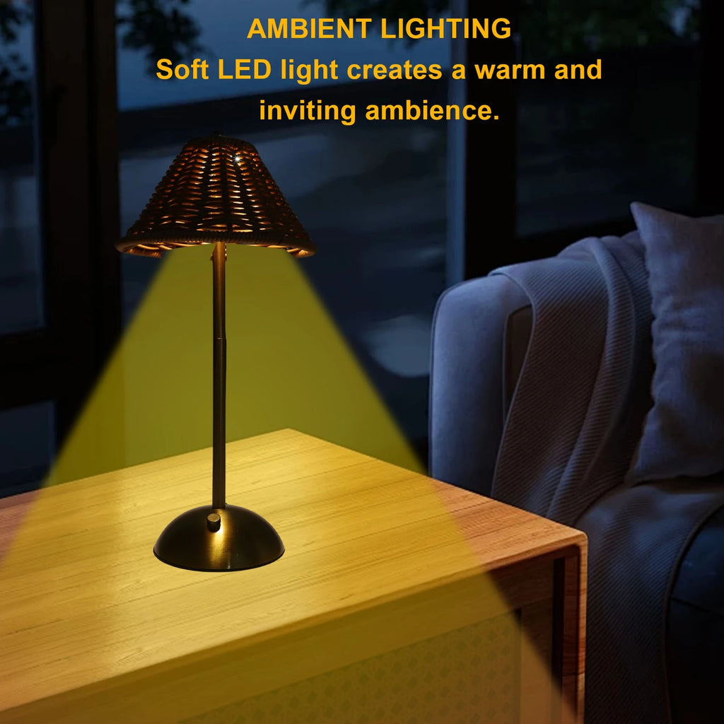 Rechargeable Rattan Table Lamp Dimmable LED Bedside Reading Light