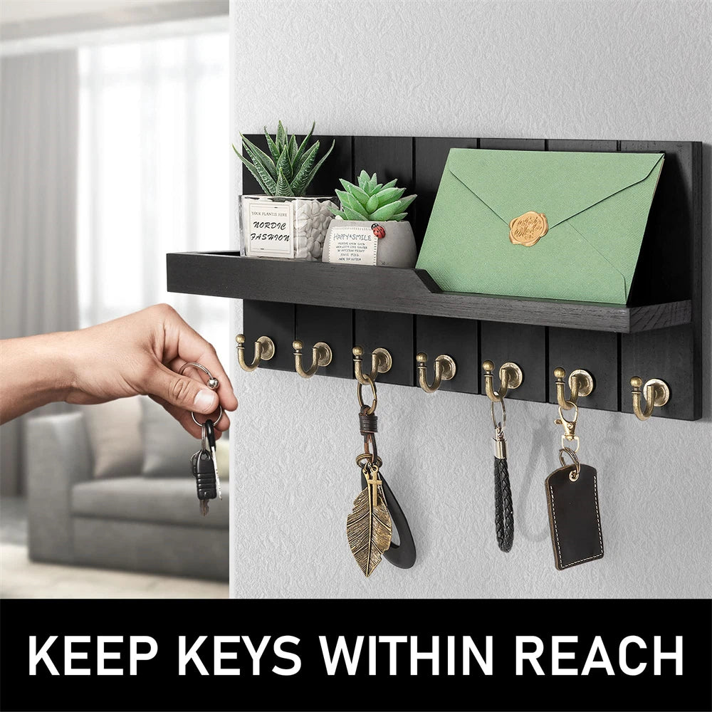 Wooden Key Holder Wall Mounted with Shelf and 7 Hooks for Entryway