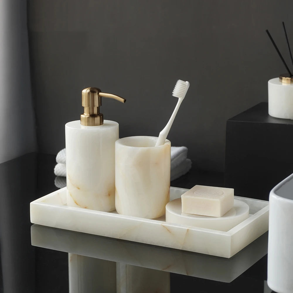 White Onyx Marble Bathroom Accessories Set with Soap Dispenser & Tray