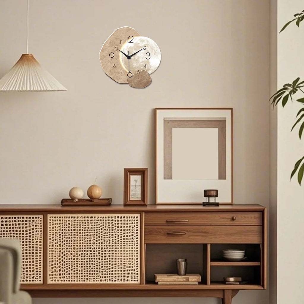 Modern Silent Wall Clock with Moon Design – Wooden, 34.7cm