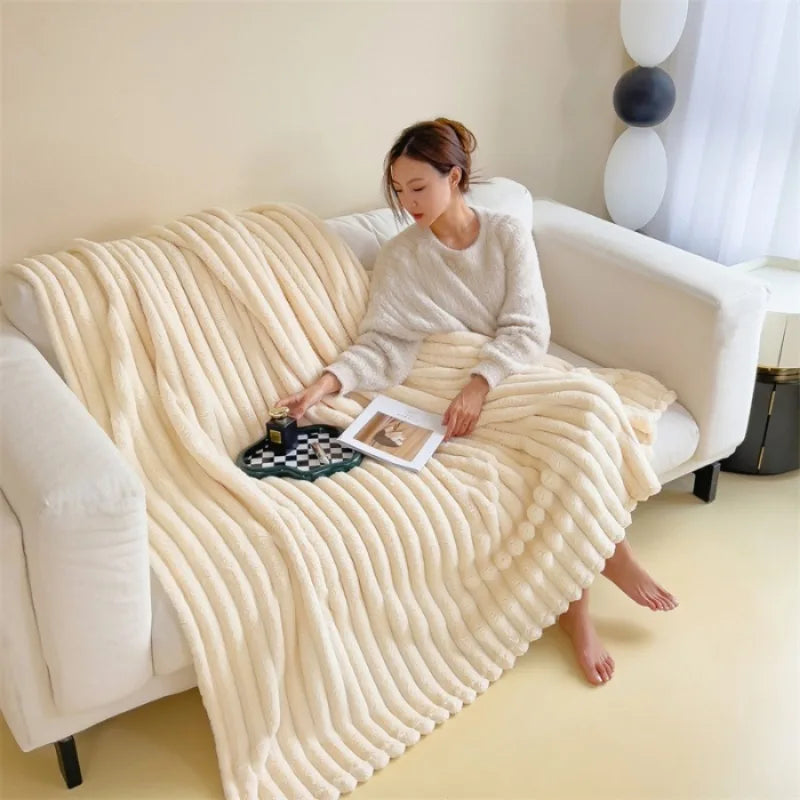Faux Rabbit Fur Throw Blanket | Thick Plush Fleece Sofa Blanket