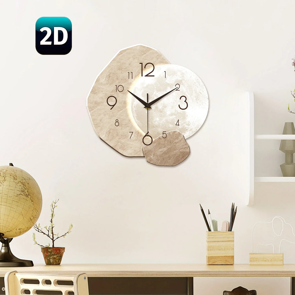 Modern Silent Wall Clock with Moon Design – Wooden, 34.7cm