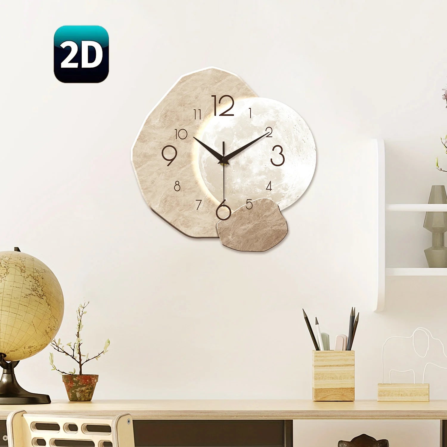 Modern Silent Wall Clock with Moon Design – Wooden, 34.7cm