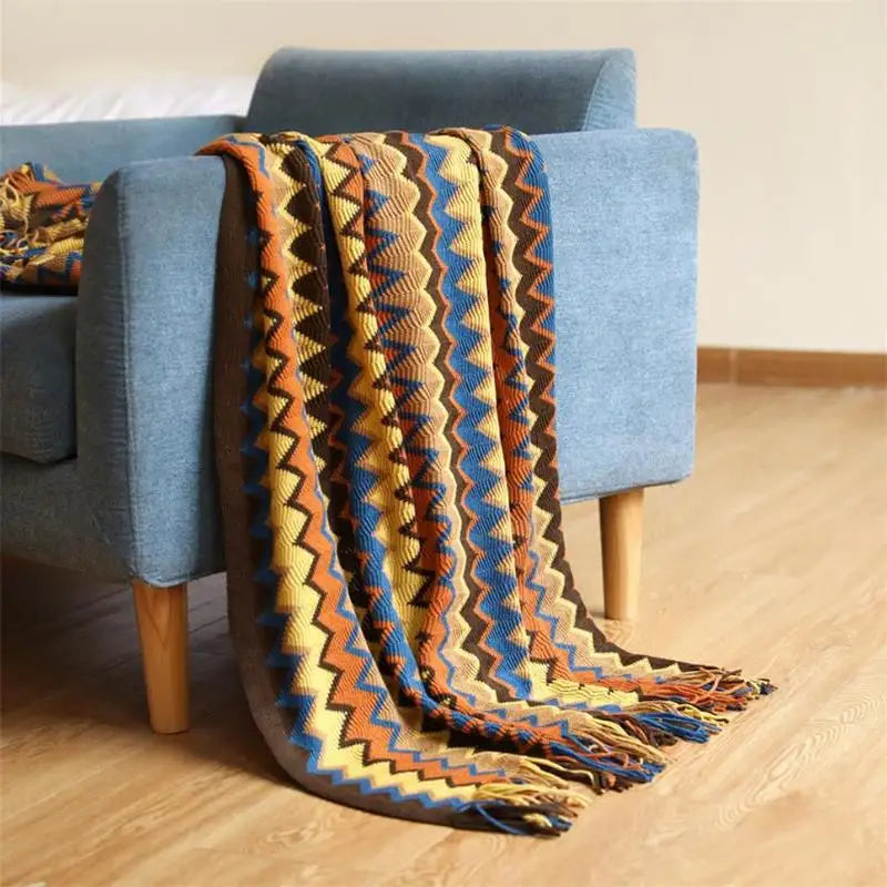 Hand Knitted Blanket with Tassel | Bohemian Soft Acrylic Throw