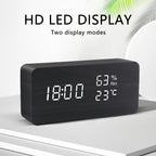 Wooden Alarm Clock Voice Control LED Digital Desk Clock USB Powered
