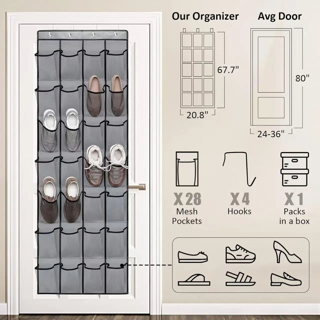 Over Door Shoe Rack Organizer with Large Mesh Pockets - 12 to 40 Pockets
