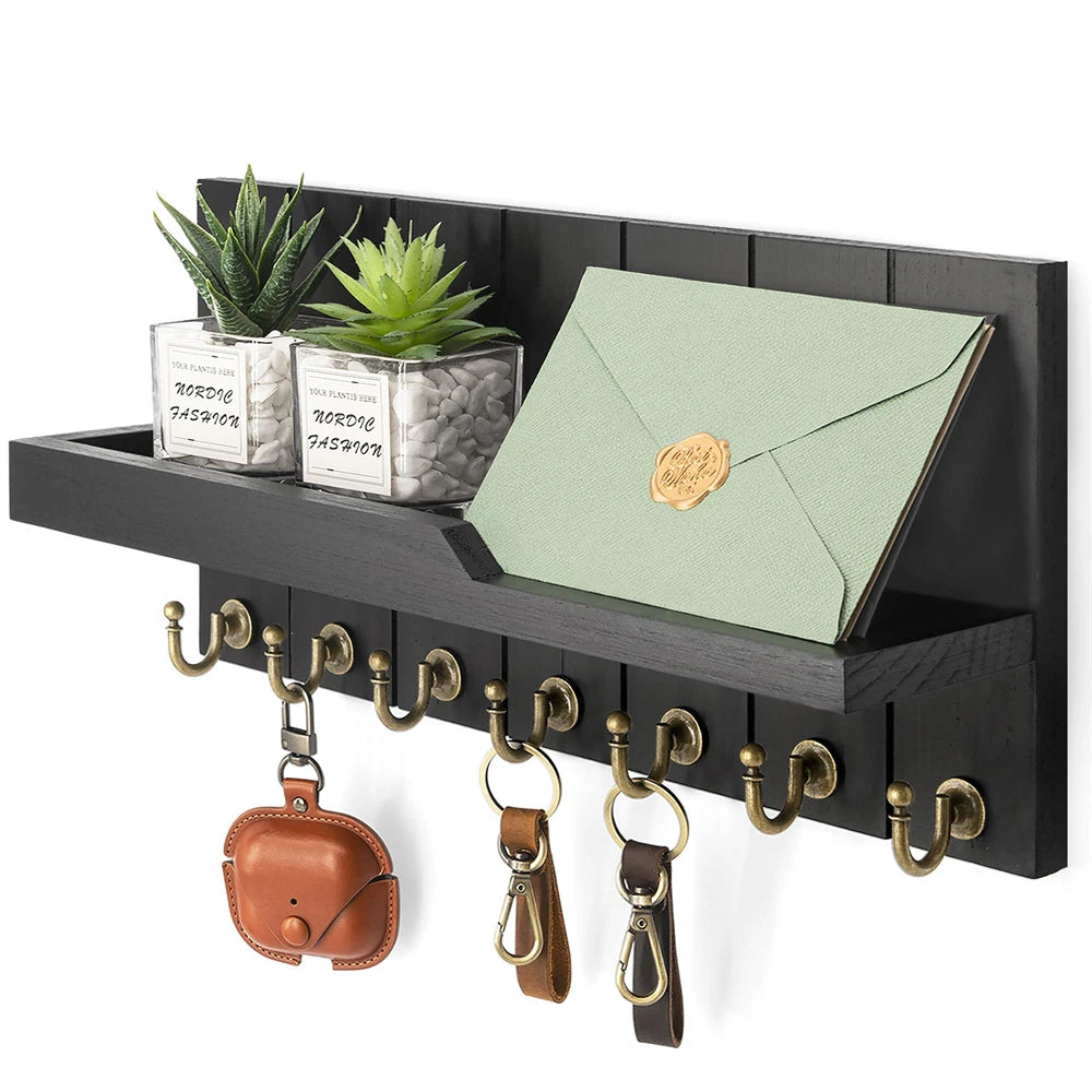 Wooden Key Holder Wall Mounted with Shelf and 7 Hooks for Entryway