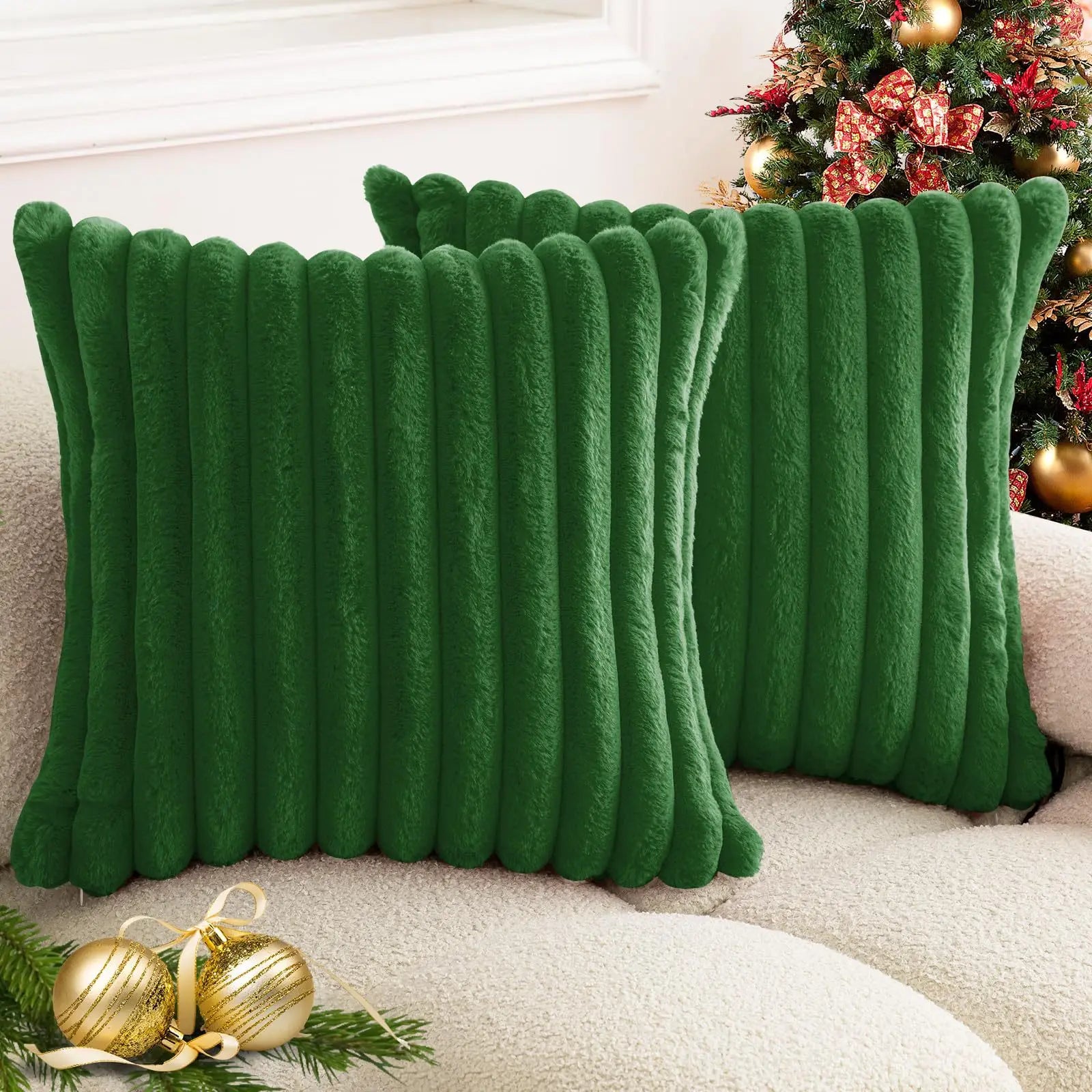 Faux Rabbit Fur Throw Pillow Cover 24x24 Striped Soft Sofa Cushion