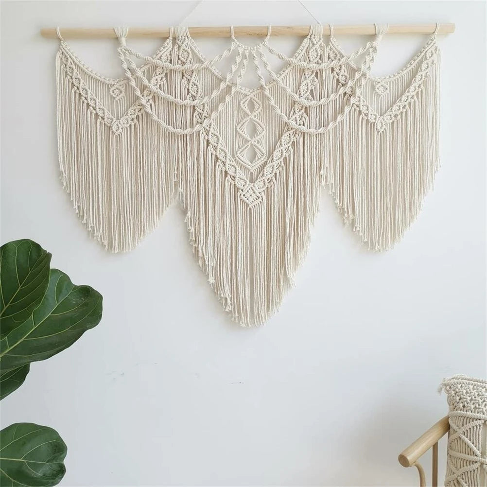 Large Boho Macrame Wall Hanging with Wooden Stick and Tassels