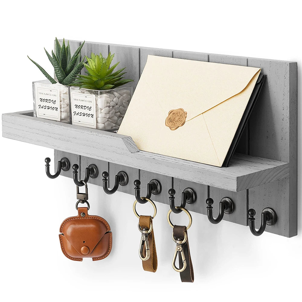 Wooden Key Holder Wall Mounted with Shelf and 7 Hooks for Entryway