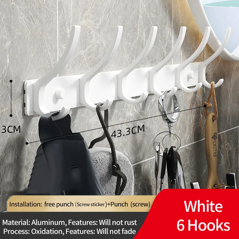 Folding Robe Hooks Wall Mounted Towel Hanger - 6 Hook Aluminum Rack
