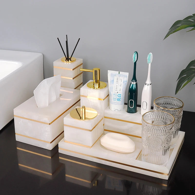 White Onyx Natural Marble Bathroom Accessories Set with Gold Accents
