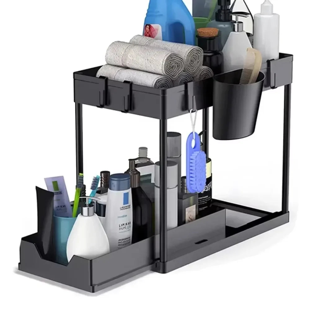 2-Tier Under Sink Organizer with Sliding Baskets and Hooks