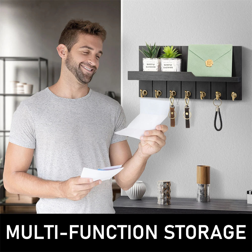 Wooden Key Holder Wall Mounted with Shelf and 7 Hooks for Entryway