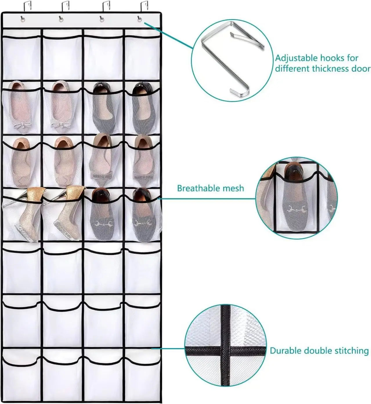 Over Door Shoe Rack Organizer with Large Mesh Pockets - 12 to 40 Pockets