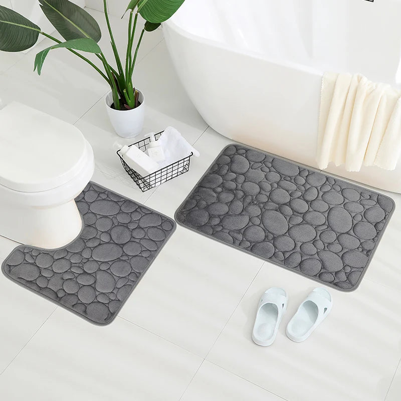 Embroidered Velvet Bath Mat Set 2-Piece with U-Shape Toilet Rug