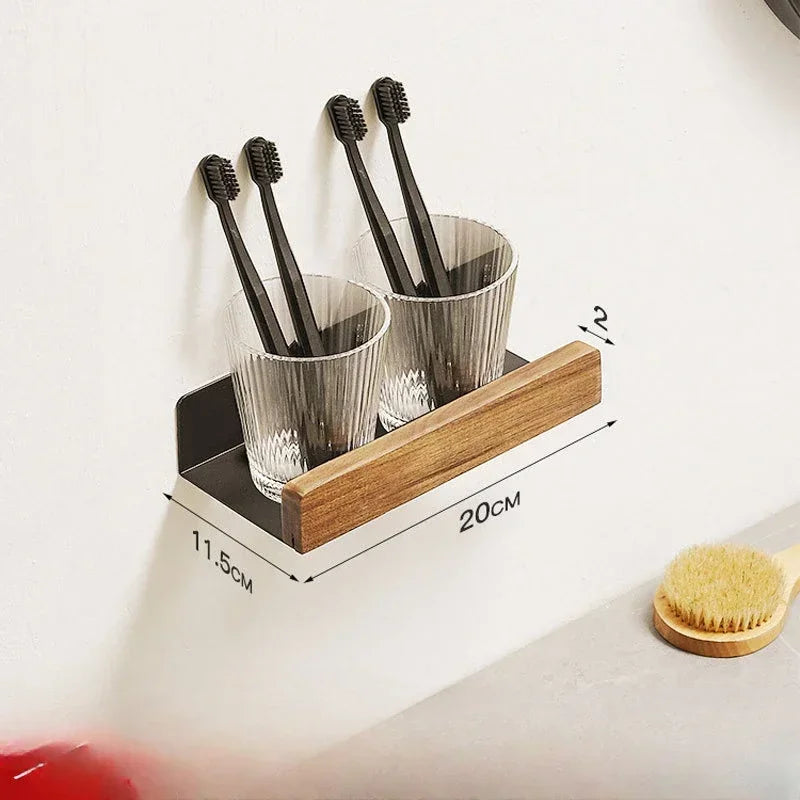 Wall Mounted Bathroom Shelf No Drill Solid Wood Storage Rack