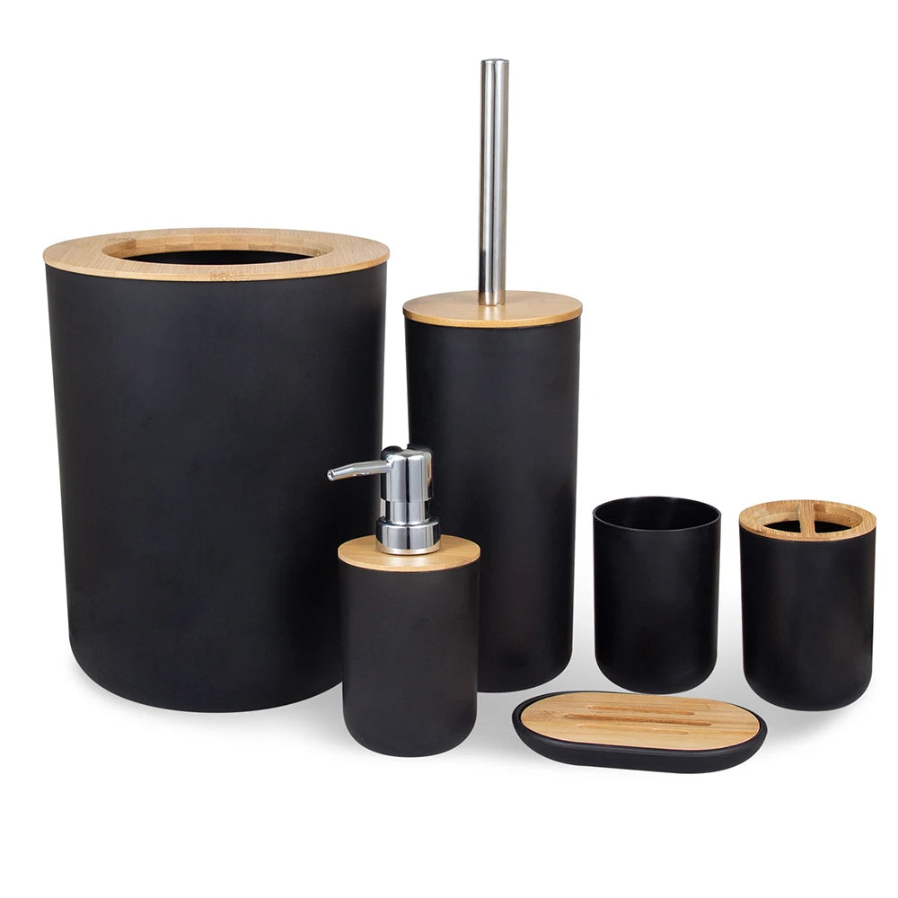 6-Piece Bamboo Bathroom Accessories Set with Soap Dispenser & Toothbrush Holder