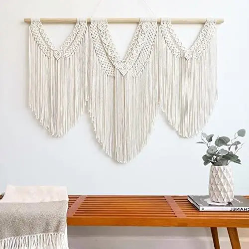 Large Boho Macrame Wall Hanging with Wooden Stick and Tassels