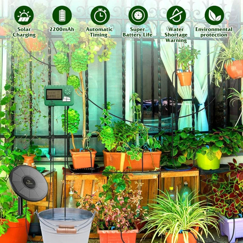 Solar Drip Irrigation Kit with Auto Timer and 15M Hose for Greenhouse and Potted Plants
