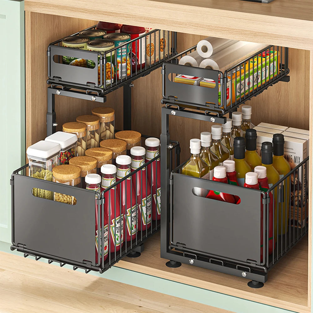 2-Tier Pull-Out Cabinet Organizer with Adjustable Slide-Out Drawers