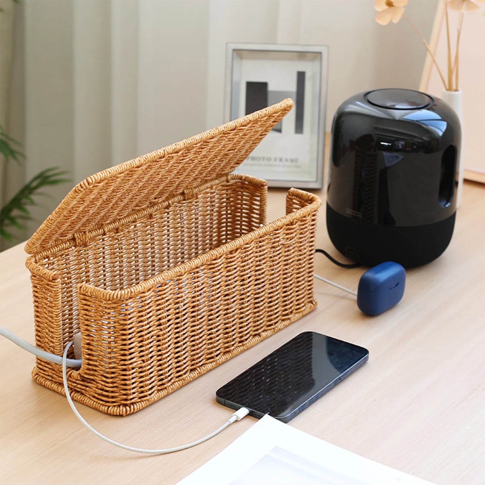 Charging Station Storage Box Hand-Woven Cable Organizer Basket for USB & Data Cables