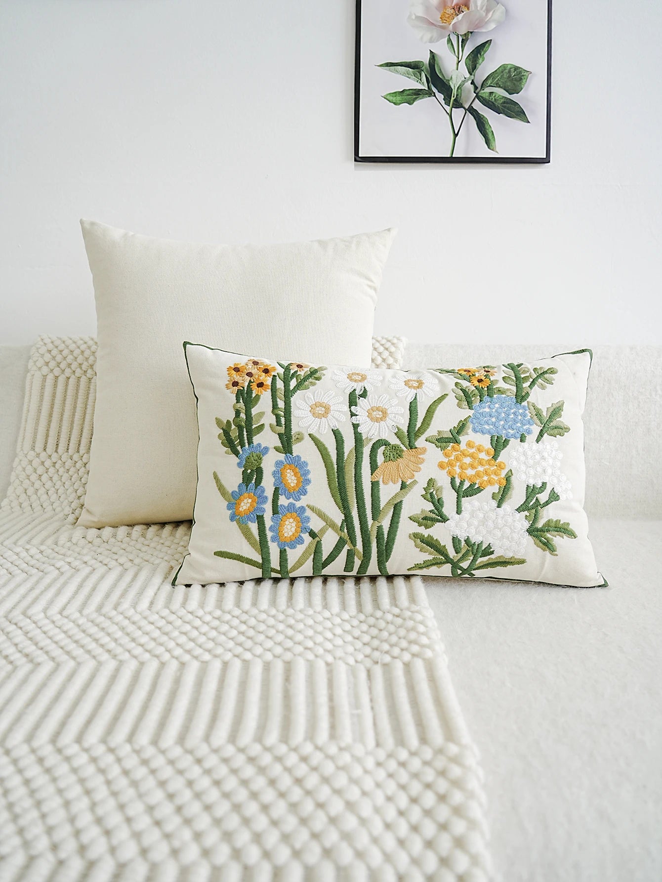 Floral Embroidered Cushion Cover | Garden Botanical Pillow Cover