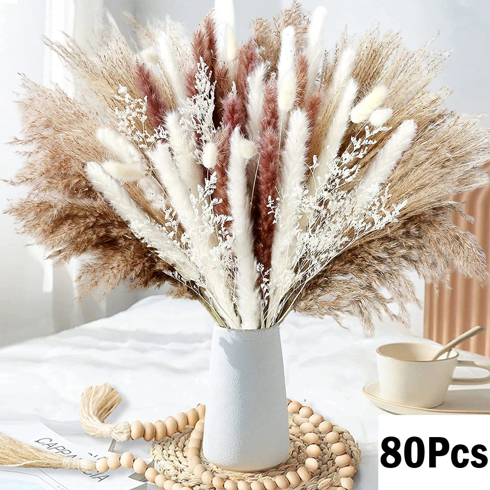 Natural Pampas Grass Dried Bouquet with Bunny Tails for Boho Vase Decor