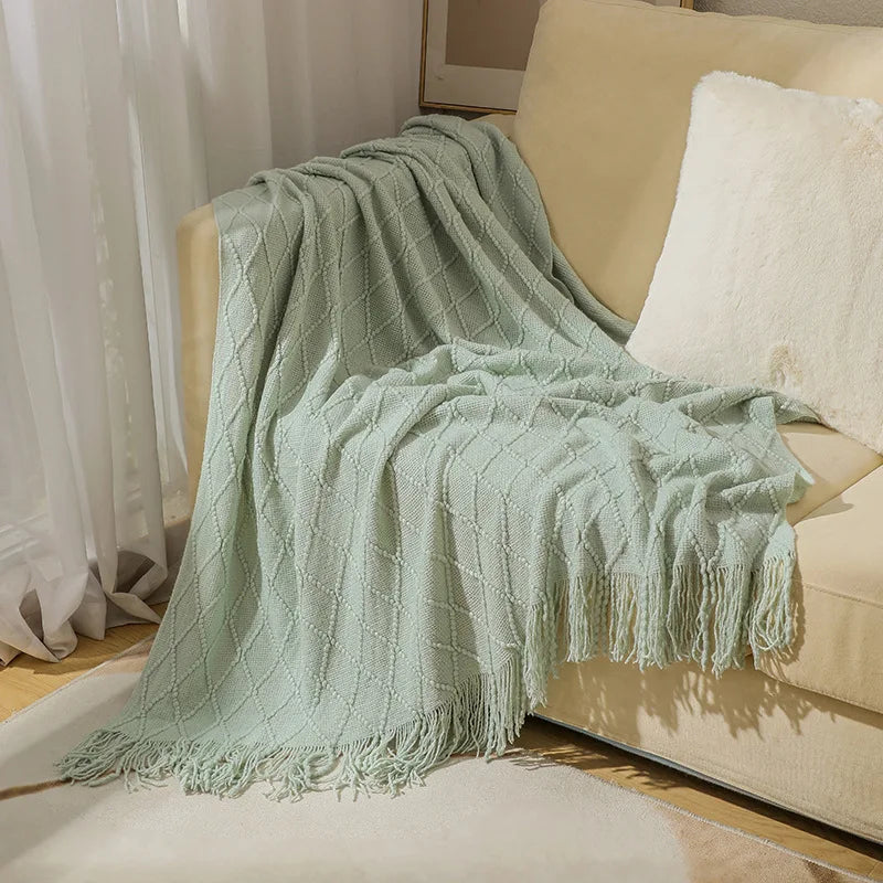 Chunky Knit Throw Blanket with Tassels – Khaki Farmhouse Oversized