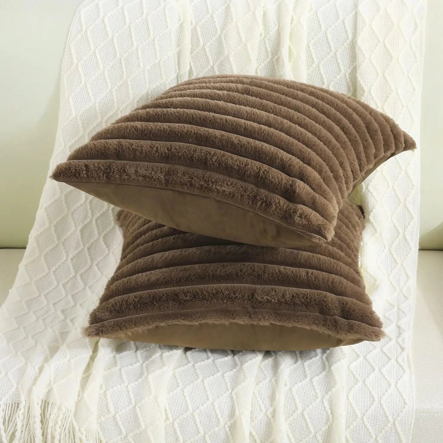 Faux Rabbit Fur Throw Pillow Cover 24x24 Striped Soft Sofa Cushion