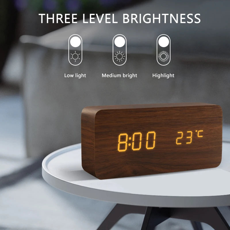 Wooden Alarm Clock Voice Control LED Digital Desk Clock USB Powered