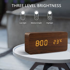Wooden Alarm Clock Voice Control LED Digital Desk Clock USB Powered
