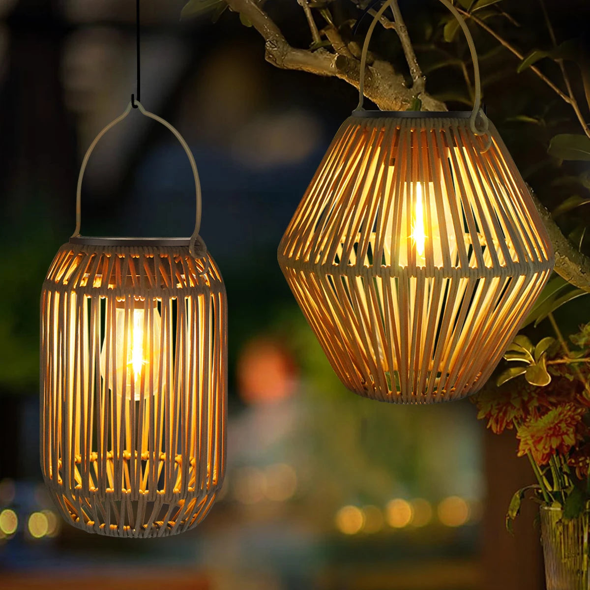 Solar Lantern Outdoor Hanging Waterproof Woven Bamboo Boho Garden Lamp