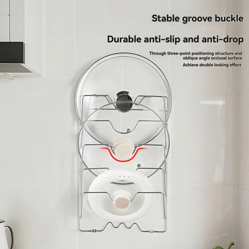 5-Tier Wall Mounted Pot Lid Rack & Pan Organizer – Stainless Steel
