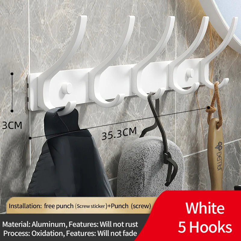 Folding Robe Hooks Wall Mounted Towel Hanger - 6 Hook Aluminum Rack