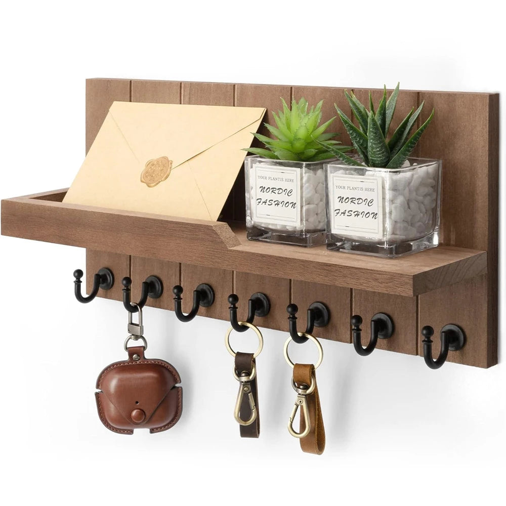 Wooden Key Holder Wall Mounted with Shelf and 7 Hooks for Entryway