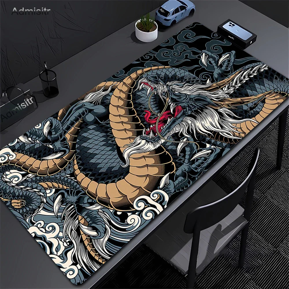 XXL Dragon Anime Gaming Desk Mat | Black & White Non-Slip Mouse Pad
