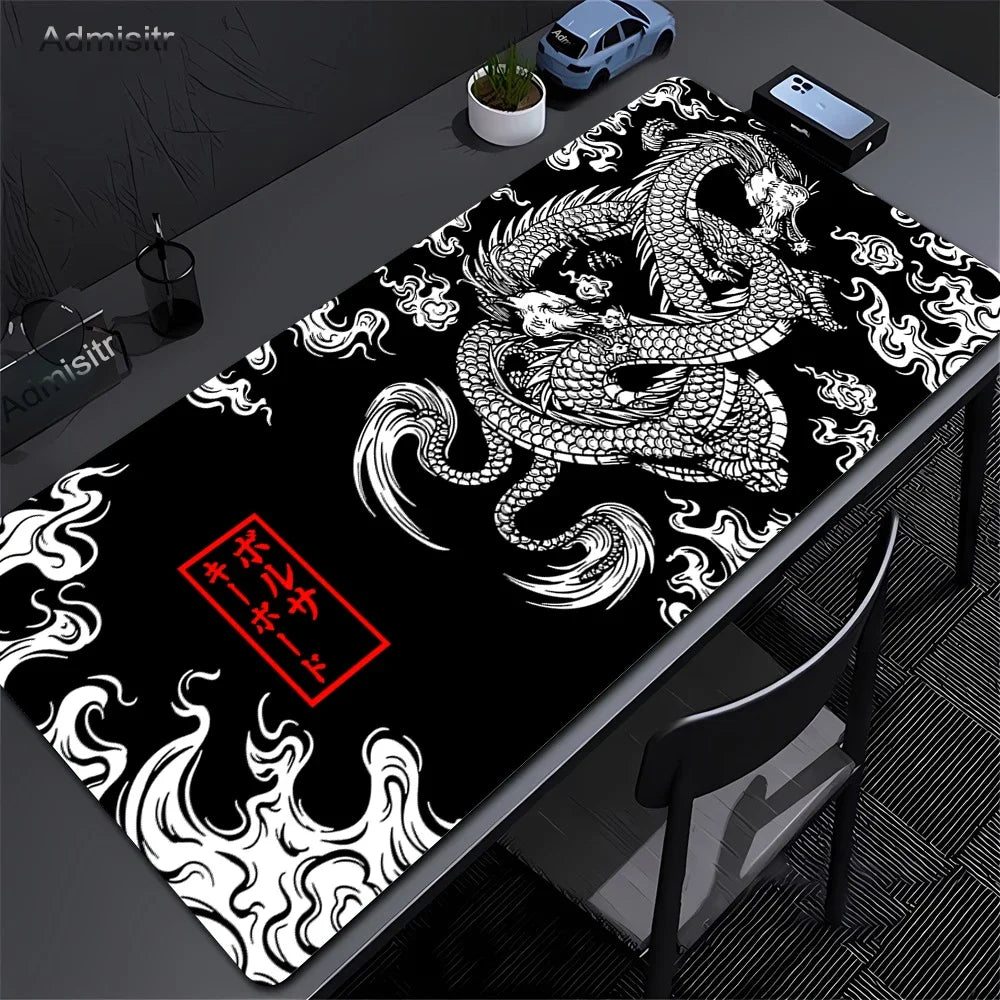 XXL Dragon Anime Gaming Desk Mat | Black & White Non-Slip Mouse Pad