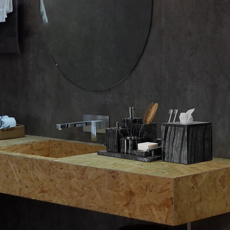 Black Marble Bathroom Accessories Set – Toothbrush Holder, Soap Dispenser & Dish Tray