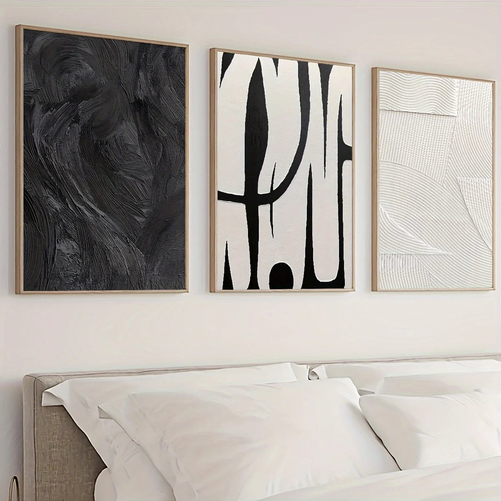 Abstract Black & White Canvas Wall Art Set of 3 | Texture Prints