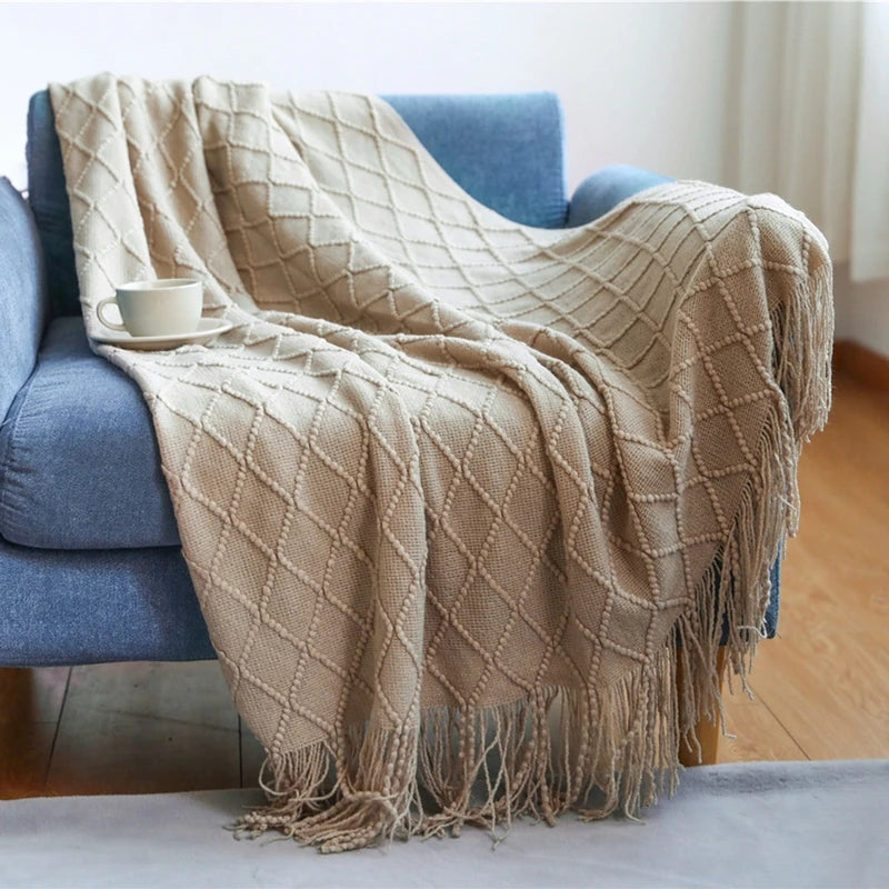 Chunky Knit Throw Blanket with Tassels – Khaki Farmhouse Oversized